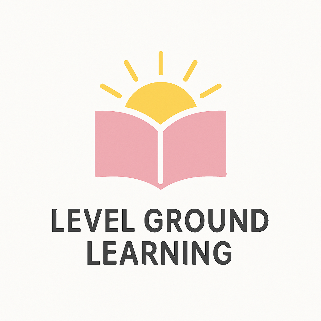 Level Ground Learning logo: a pink book open with a yellow sun rising out behind it